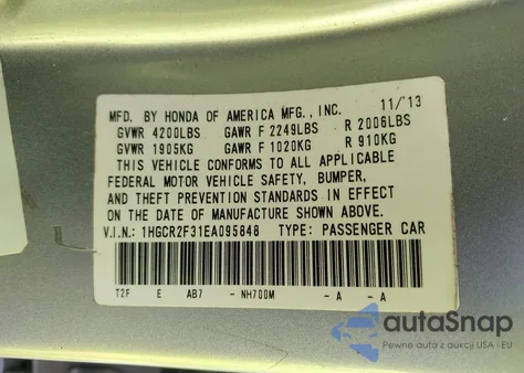 2014 Honda Accord Lx z USA, uszkodzony, nr VIN 1HGCR2F31EA095848